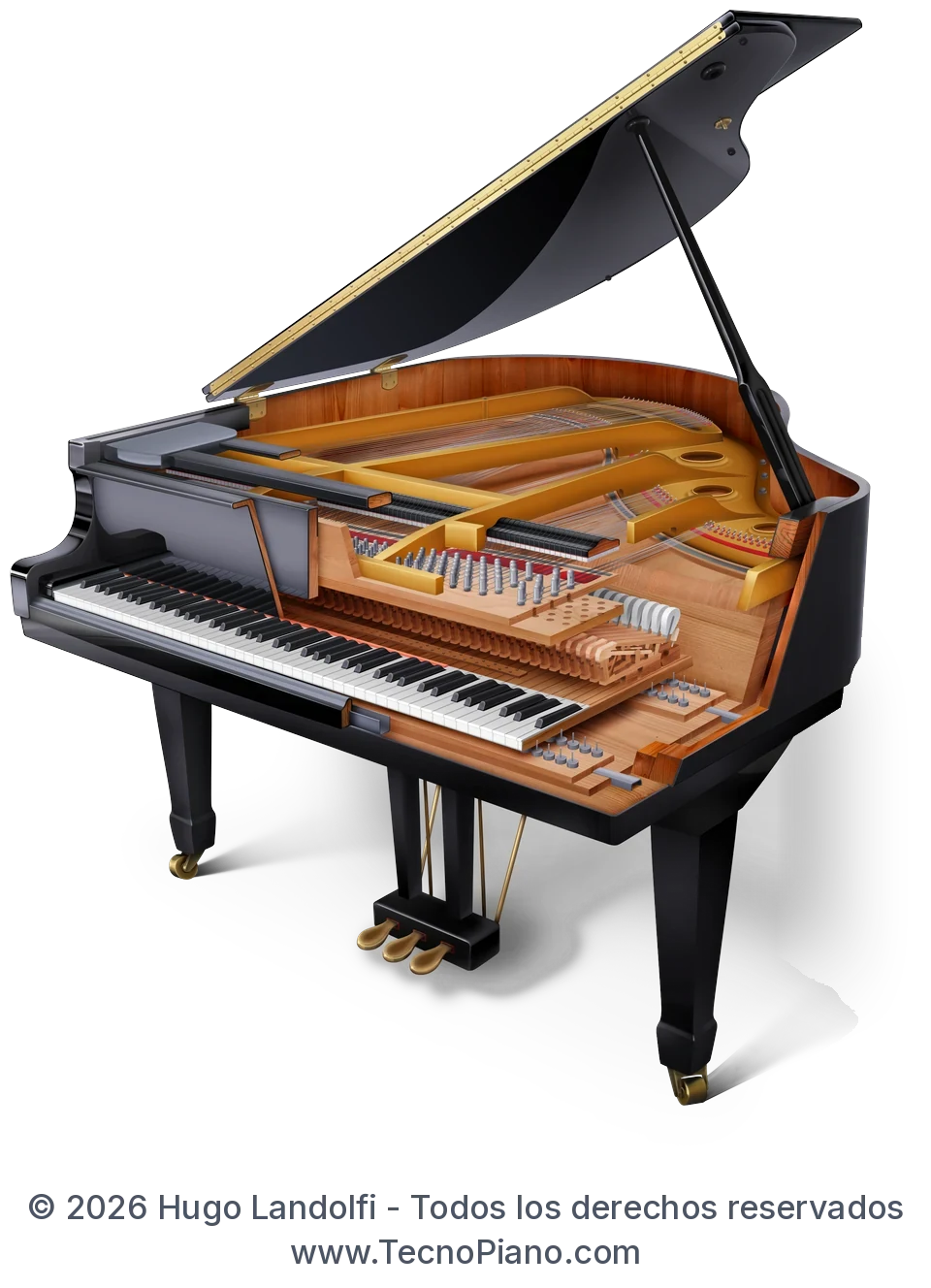 Piano de cola en corte, con la mecánica a la vista